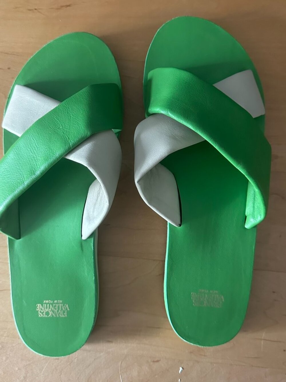 Frances Valentine Kelly Green and Ivory Slides, size 9.5
